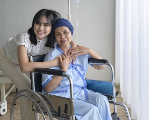 Cancer patient woman wearing head scarf